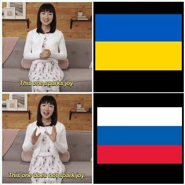 Marie Kondo saying that the Ukrainian flag sparks joy, while the Russian flag does not