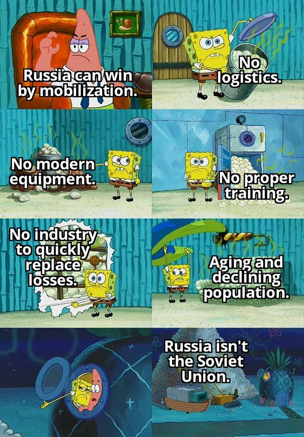 Patrick says Russia can win by mobilization. Spongebob says that Russia is not the Soviet Union