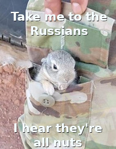 squirrel in pocket, captioned 'Take me to the Russians, I hear they're all nuts'