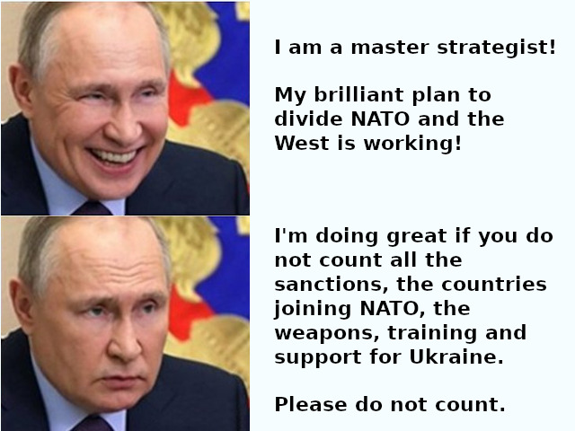 Putin: I am a master strategist! My brilliant plan to divide NATO and the West is working! I'm doing great if you do not count all the sanctions, the countries joining NATO, the weapons, training, and support for Ukraine. Please do not count.