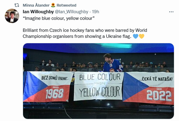 Czech ice hockey fans were barred from putting up a Ukraine flag, improvised with a sign that said 'Blue Colour' on the top half and 'Yellow Colour' on the bottom half