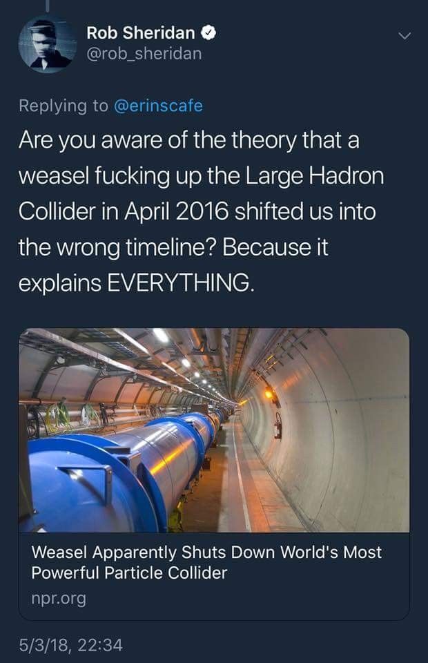 Are you aware of the theory that a weasel fucking up the Large Hadron Collider in April 2016 shifted us into the wrong timeline? Because it explains EVERYTHING.