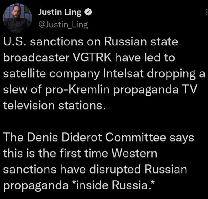 US sanctions on Russian state broadcaster VGTRK have led to satellite company Intelsat dropping a slew of pro-Kremlin propaganda TV stations. The Denis Diderot Committee says this is the first time Western sanctions have disrupted Russian propaganda *inside Russia*