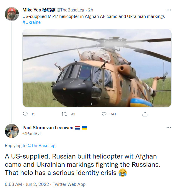 a US-supplied, Russian built helicopter with Afghan camo and Ukrainian markings fighting the Russians. That helo has a serious identity crisis