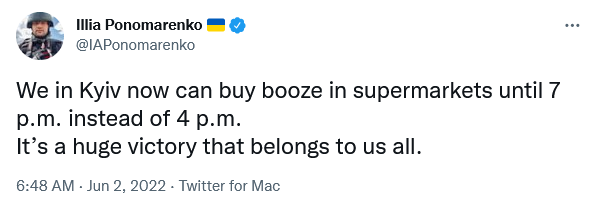 We in Kyiv now can buy booze in supermarkets until 7pm instead of 4pm. It's a huge victory that belongs to us all