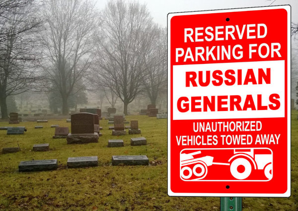 graveyard with sign saying 'Reserved parking for Russian generals, unauthorized vehicles towed away'
