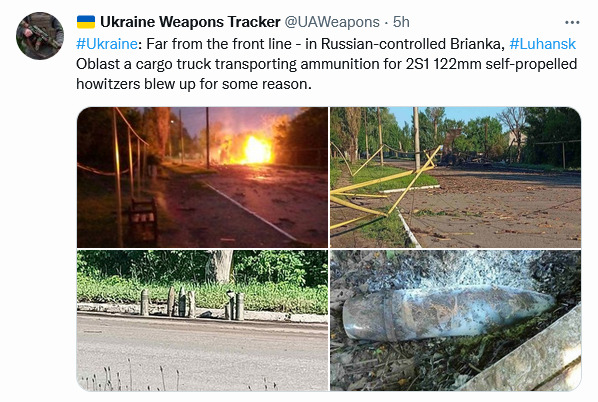 in Russian-controlled Brianka, a cargo truck transporting ammunition for 2S1 122mm self-propelled howitzers blew up for some reason