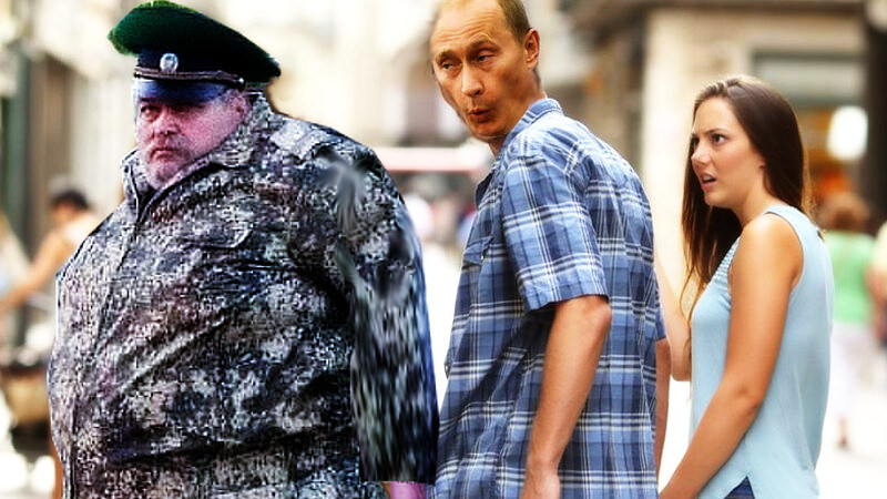 distracted boyfriend Putin looks at extremely fat Russian soldier instead of girlfriend