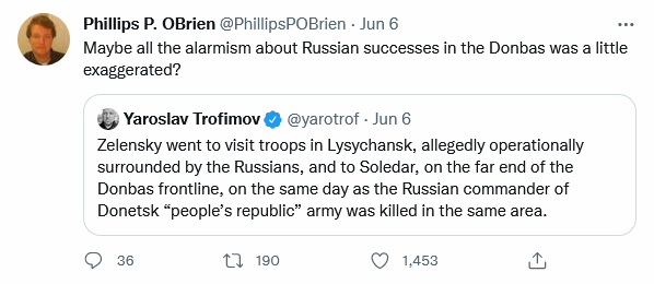 maybe all the alarmism about Russian successes in the Donbas was a little exaggerated? Zelensky went to visit troops in Lysychansk, allegedly operationally surrounded by the Russians, and to Soledar, on the far end of the Donbas frontline, on the same day as the Russian commander of Donetsk 'People's republic' army was killed in the same area.