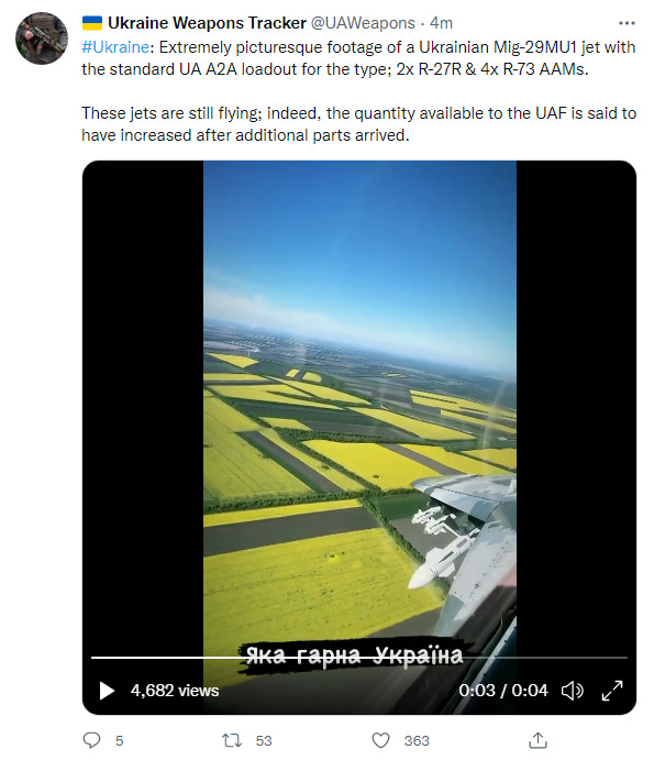 Extremely picturesque footage of a Ukrainian Mig-29MU1 jet with the standard UA A2A loadout for the type; 2x R-27R and 4x R-73 AAMs. These jets are still flying; indeed, the quantity available to the UAF is said to have increased after additional parts arrived