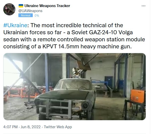 The most incredible technical of the Ukrainian forces so far--a Soviet GAZ-24-10 Volga sedan with a remote controlled weapon station module consisting of a KPVT 14.5mm heavy machine gun