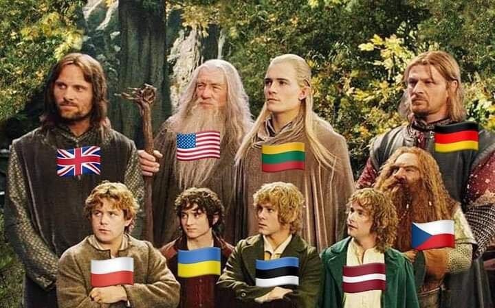 The Fellowship of the Ring. Frodo is Ukraine, Sam is Poland, Aragorn UK, Gandalf USA, others various Baltic and European countries