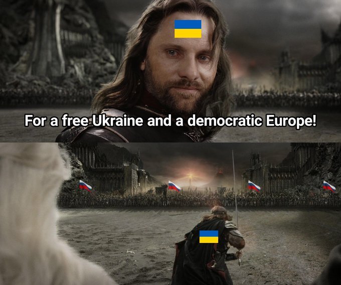 Return of the King, Aragorn as Ukraine says 'For a free Ukraine and a democratic Europe!' as he charges the orcs.