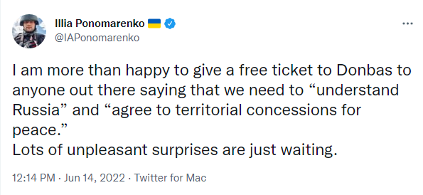 I am more than happy to give a free ticket to Donbas to anyone out there saying that we need to 'understand Russia' and 'agree to territorial concessions for peace.' Lots of unpleasant surprises are just waiting.