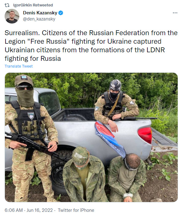 Citizens of Russia from the Legion 'Free Russia' fighting for Ukraine captured Ukrainian citizens from the formations of the LDNR fighting for Russia
