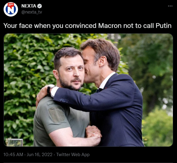 Zelenskyy looking very awkward, caption 'Your face when you convinced Macron not to call Putin'