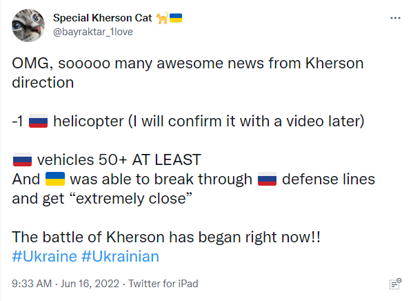 many awesome news from Kherson direction. -1 Russian helicopter (I will confirm it with a video later) Russian vehicles 50+ at least, and Ukraine was able to break through Russian defense lines and get 'extremely close' The battle of Kherson has began right now!!