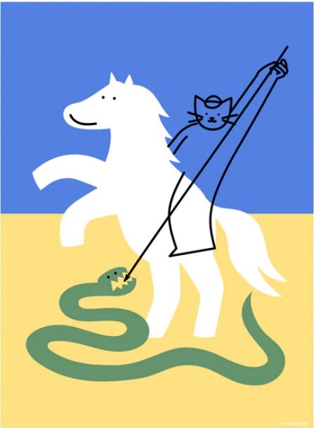 cat on horse killing a snake, with Ukraine flag in background