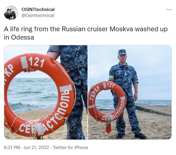 A life ring from the Russian cruiser Moskva washed up in Odessa.