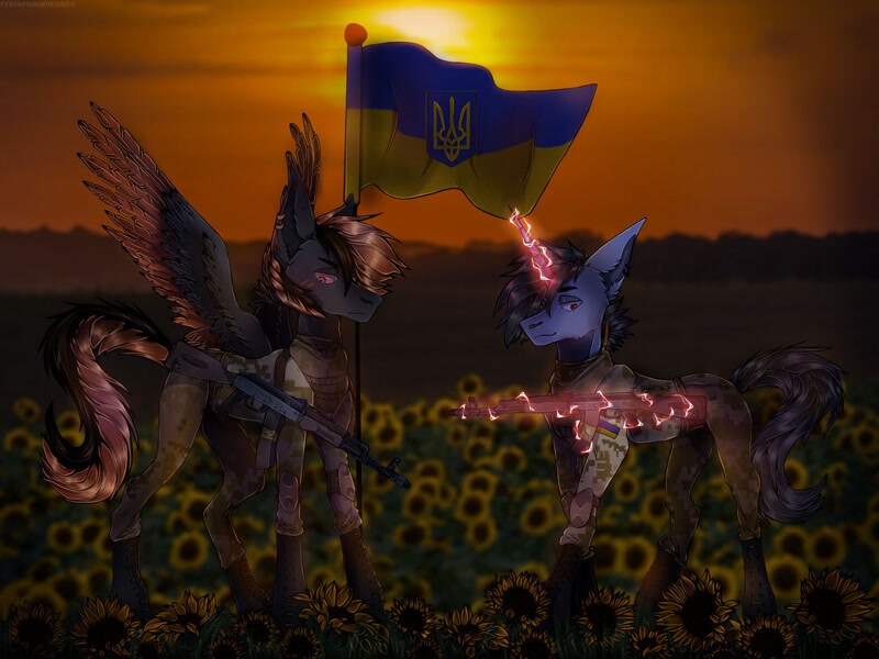 somber ponies patrol a field of sunflowers at sunset