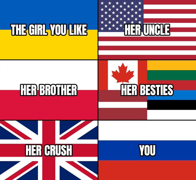 the girl you like (Ukraine) her uncle (USA) her brother (Poland) her besties (Canada, Lithuania, Latvia, Estonia) her crush (Britain) you (Russia)