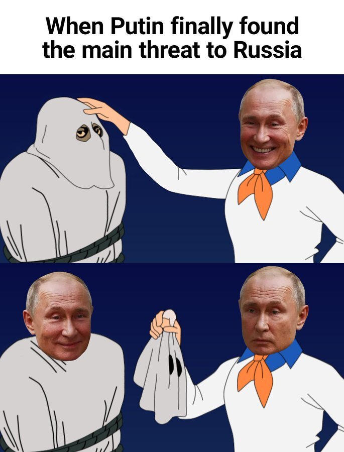 When Putin finally found the real threat to Russia: Putin, as Fred from Scooby-Doo, pulls the mask off the bad guy, who is... Putin!