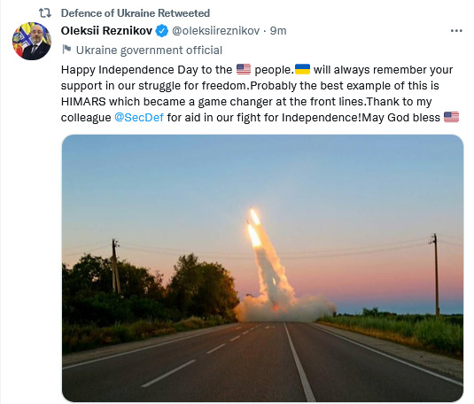 Happy Independence Day to the American people. Ukraine will always remember your support in our struggle for freedom. Probably the best example of this is HIMARS which became a game changer at the front lines.