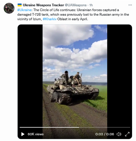 Ukrainian forces captured a damaged T-72B tank, which was previously lost to the Russian army in the vicinity of Izium, Kharkiv Oblast in early April