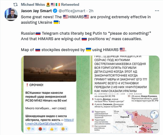 Some great news! The HIMARS are proving extremely effective in assisting Ukraine! Russian Telegram chats literally beg Putin to 'please do something!' And that HIMARS are wiping out Russian positions with mass casualties. Map of Russian stockpiles destroyed by Ukraine using HIMARS.