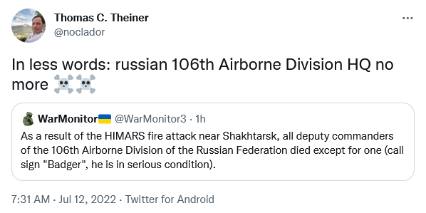 as a result of the HIMARS fire attack near Shakhtarsk, all deputy commanders of the 106th Airborne Division of the Russian Federation died except for one (call sign 'Badger', he is in serious condition)