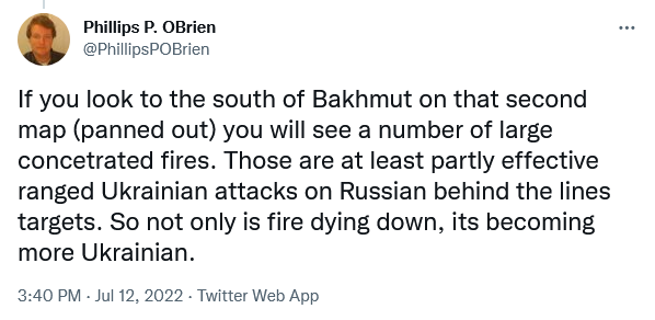 Phillips P. O'Brien: If you look to the south of Bakhmut, you will see a number of large concentrated fires. Those are at least partly effective ranged Ukrainian attacks on Russian behind the lines targets. So not only is fire dying down, it's becoming more Ukrainian.