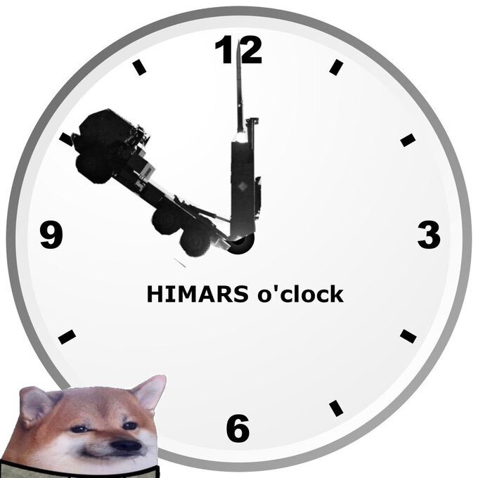 Clock with a HIMARS vehicle launching a missile and a doge, labeled 'HIMARS o'clock'