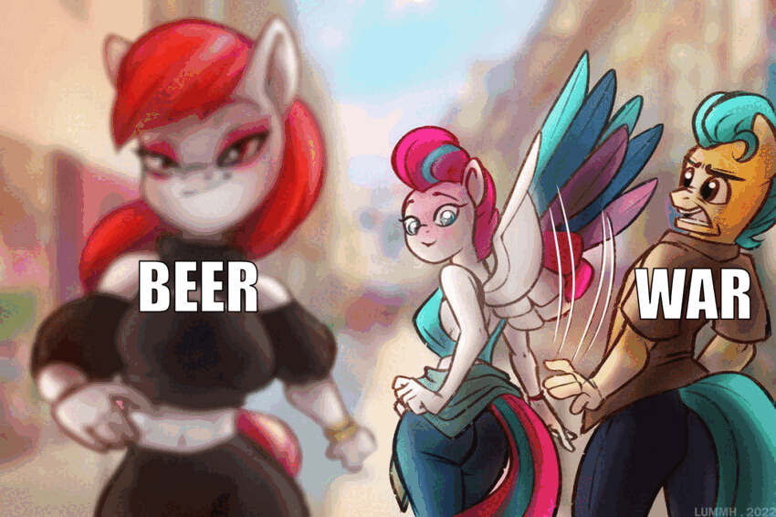 distracted pony looks at Beer instead of War