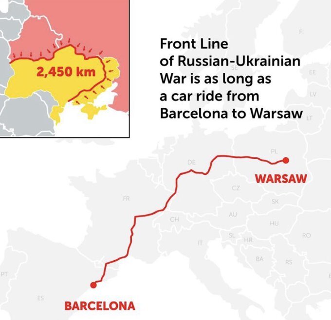Front line of Russian-Ukrainian war is as long as a car ride from Barcelona to Warsaw