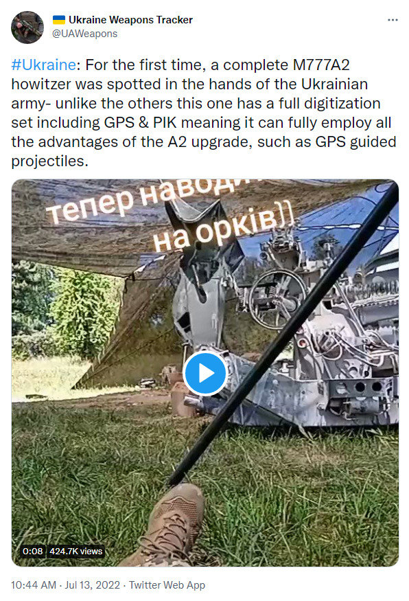 For the first time, a complete M777A2 howitzer was spotted in the hands of the Ukrainian army--unlike the others, this one has a full digitization set including GPS and PIK meaning it can fully employ all the A2 upgrade, such as GPS guided projectiles