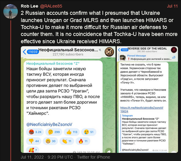 2 Russian accounts confirm what I presumed that Ukraine launches Uragan or Grad MLRS and then launches HIMARS or Tochka-U to make it more difficult for Russian air defenses to counter them. It is no coincidence that Tochka-U have been more effective since Ukraine received HIMARS.