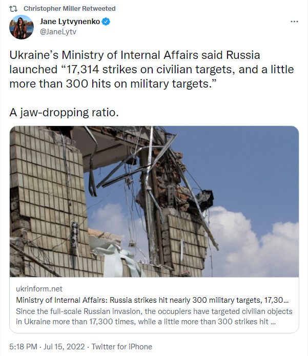 Ukraine's Ministry of Internal Affairs said Russia launched 17314 strikes on civilian targets, and a little more than 300 hits on military targets.