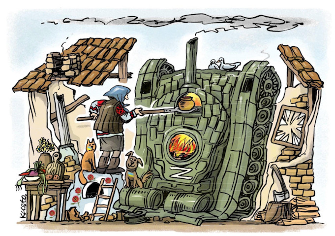 cartoon showing a Ukrainian woman turning a destroyed Russian tank into an oven