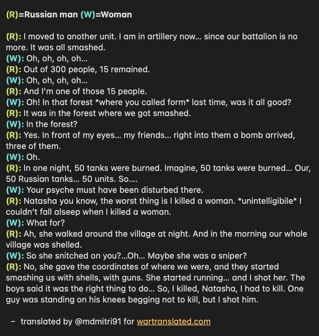 transcript of a Russian soldier telling how his artillery unit was shelled, and how he shot a woman