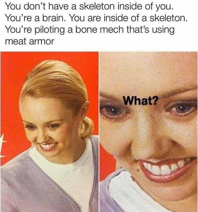 You don't have a skeleton inside of you. You're a brain. You are inside of a skeleton. You're piloting a bone mech that's using meat armor.
