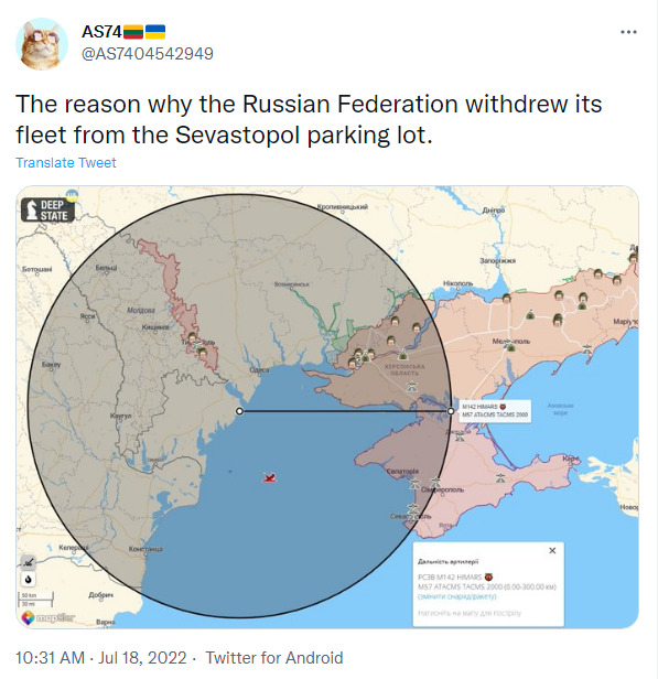 twitter image saying that Russia withdrew its ships from Sevastopol because Ukraine has 300km HIMARS ammunition