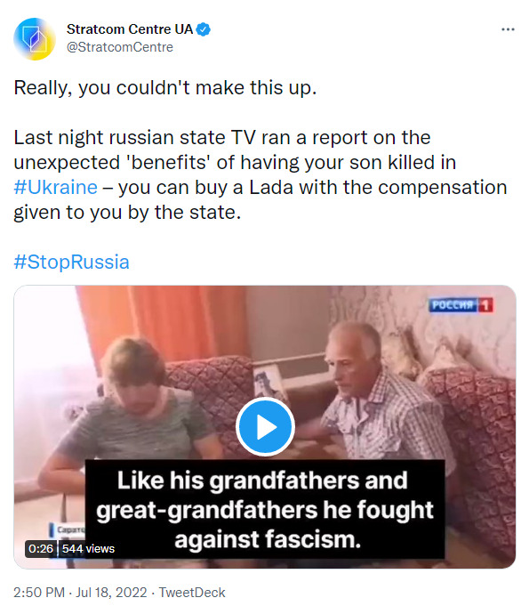 Russian state TV ran a report on the unexpected benefits of having your son killed in Ukraine--you can buy a Lada with the compensation given to you by the state.
