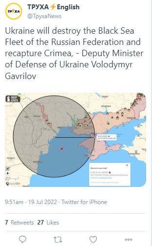 Ukraine will destroy the Black Sea fleet of the Russian Federation and recapture Crimea. --Deputy Minister of Defense Volodymyr Gavrilov