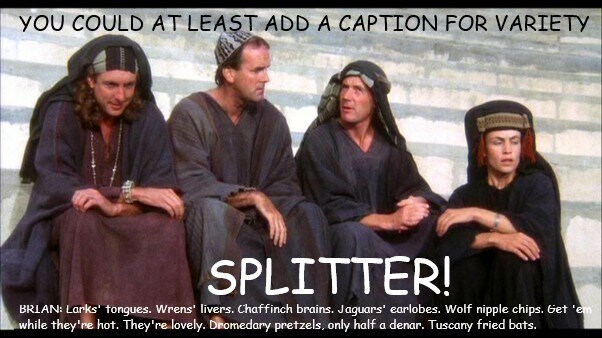 still from 'Life of Brian' captioned 'Splitter!' with some lines from the movie