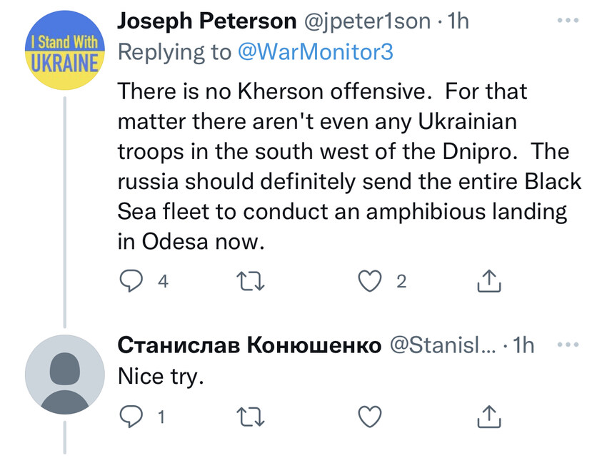 There is no Kherson offensive. For that matter, there aren't even any Ukrainian troops in the south west of the Dnipro. Russia should definitely sent the entire Black Sea fleet to conduct an amphibious landing in Odessa now.
