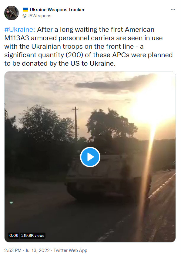 M113A3 APCs are seen in use with the Ukrainian troops on the front line--a significant quantity of these were planned to be donated by the US to Ukraine