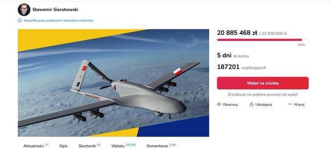 Poland donating money to buy a Bayraktar drone for Ukraine, they reached 92% of the goal
