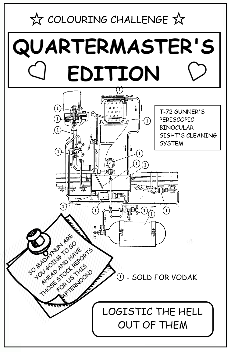 coloring book page where tank systems have all been sold for vodka