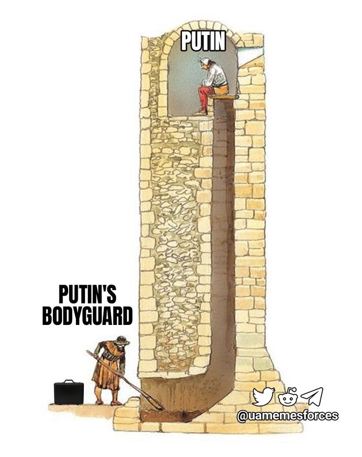 Putin pooping while a bodyguard shovels out the latrine