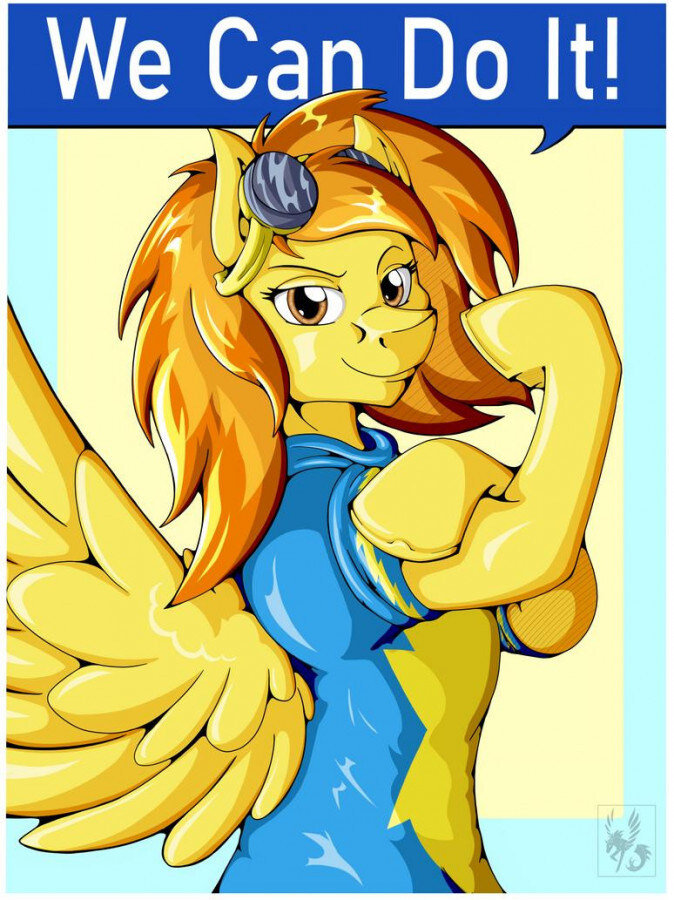 Wonderbolts pony in Ukraine colors striking a Rosie the Riveter pose, saying 'We Can Do It!'